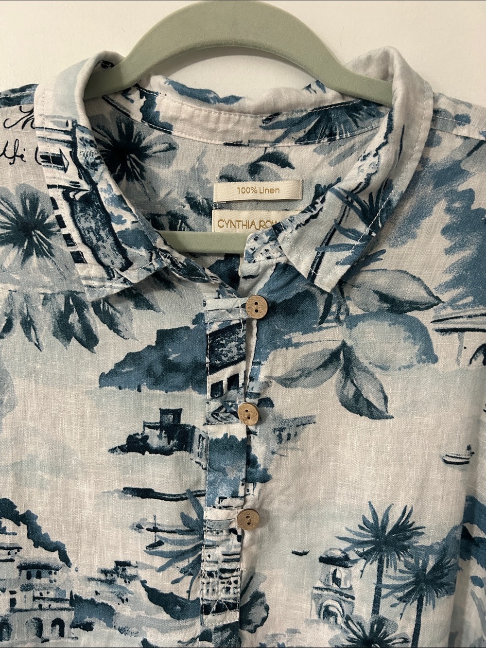 Cynthia Rowley Linen Blouse Women’s 3X Amalfi Coast Roll Sleeve Blue Popover - Picture 2 of 15